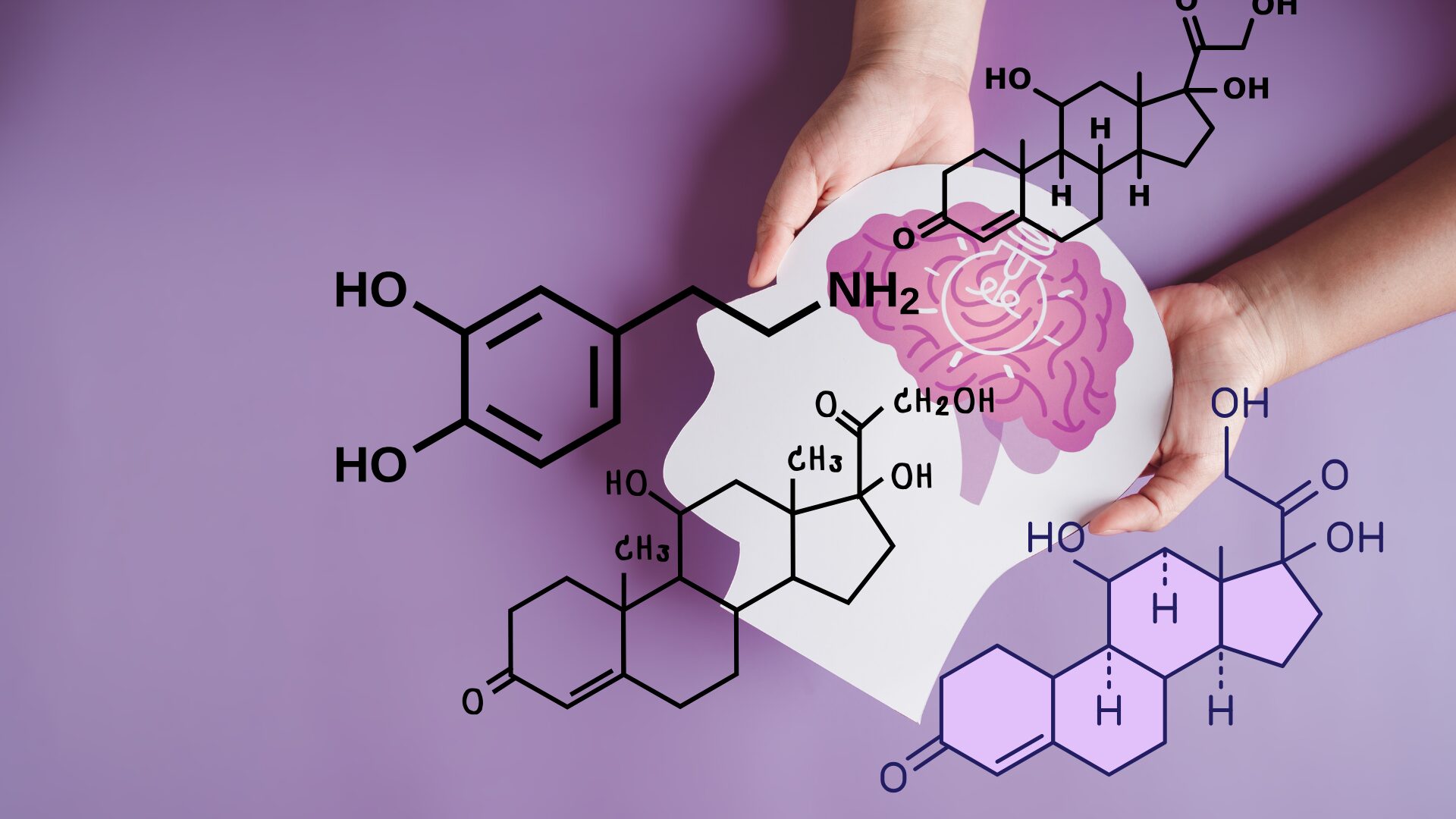 Illustration d’un cerveau tenu dans une main, avec des symboles chimiques montrant les réactions neurochimiques du stress et des addictions, incluant dopamine et cortisol.