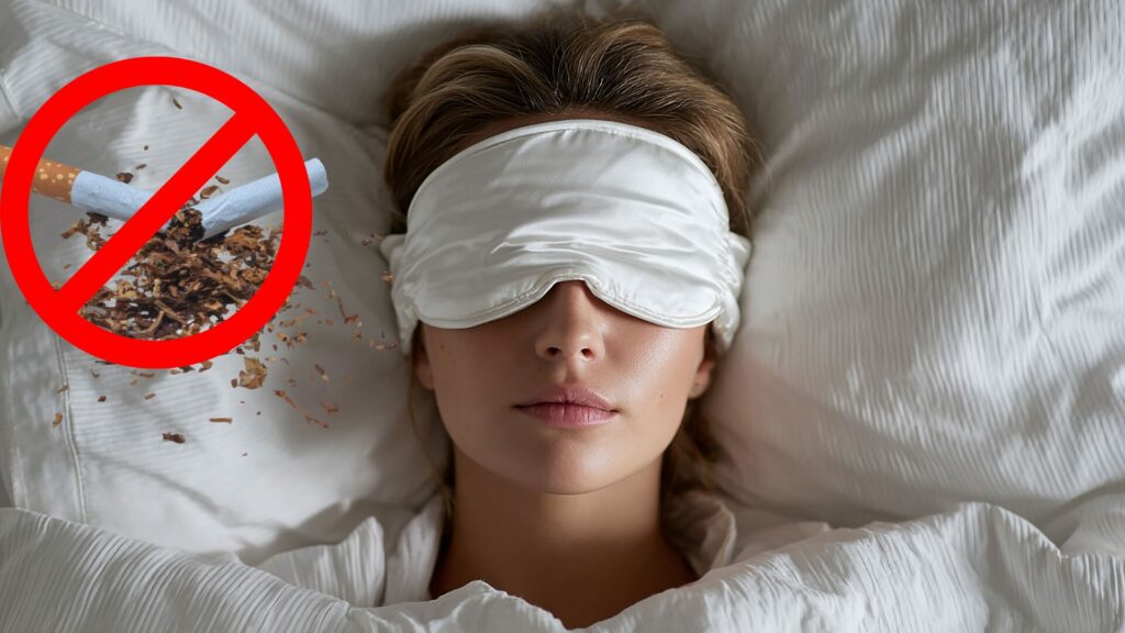Femme dormant paisiblement après l’arrêt du tabac, illustrant l’amélioration du sommeil grâce à l’accompagnement LaserAddict, avec une cigarette barrée et cassée en deux