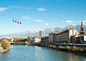Grenoble, France - November 1, 2011: Cable car connecting the city of Grenoble to the Bastille on top of the mountain during daytime